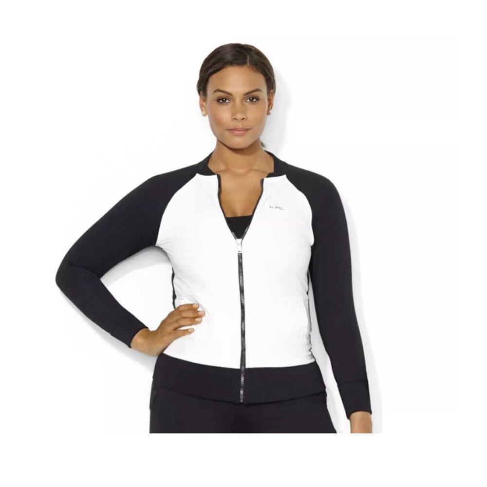 LAUREN RALPH LAUREN L-RL Black White‎ Colorblock Cotton Blend Logo Track Jacket